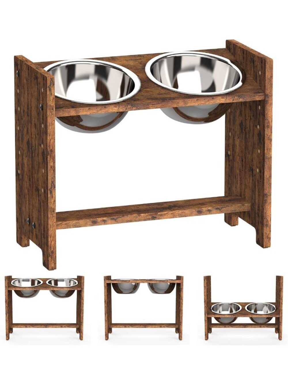 Elevated Adjustable Dog Bowls Stand for Large/X-Large Pets - Rustic Brown Design